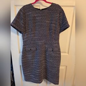 Navy and White Tweed Shift Dress - Classic Short Sleeve